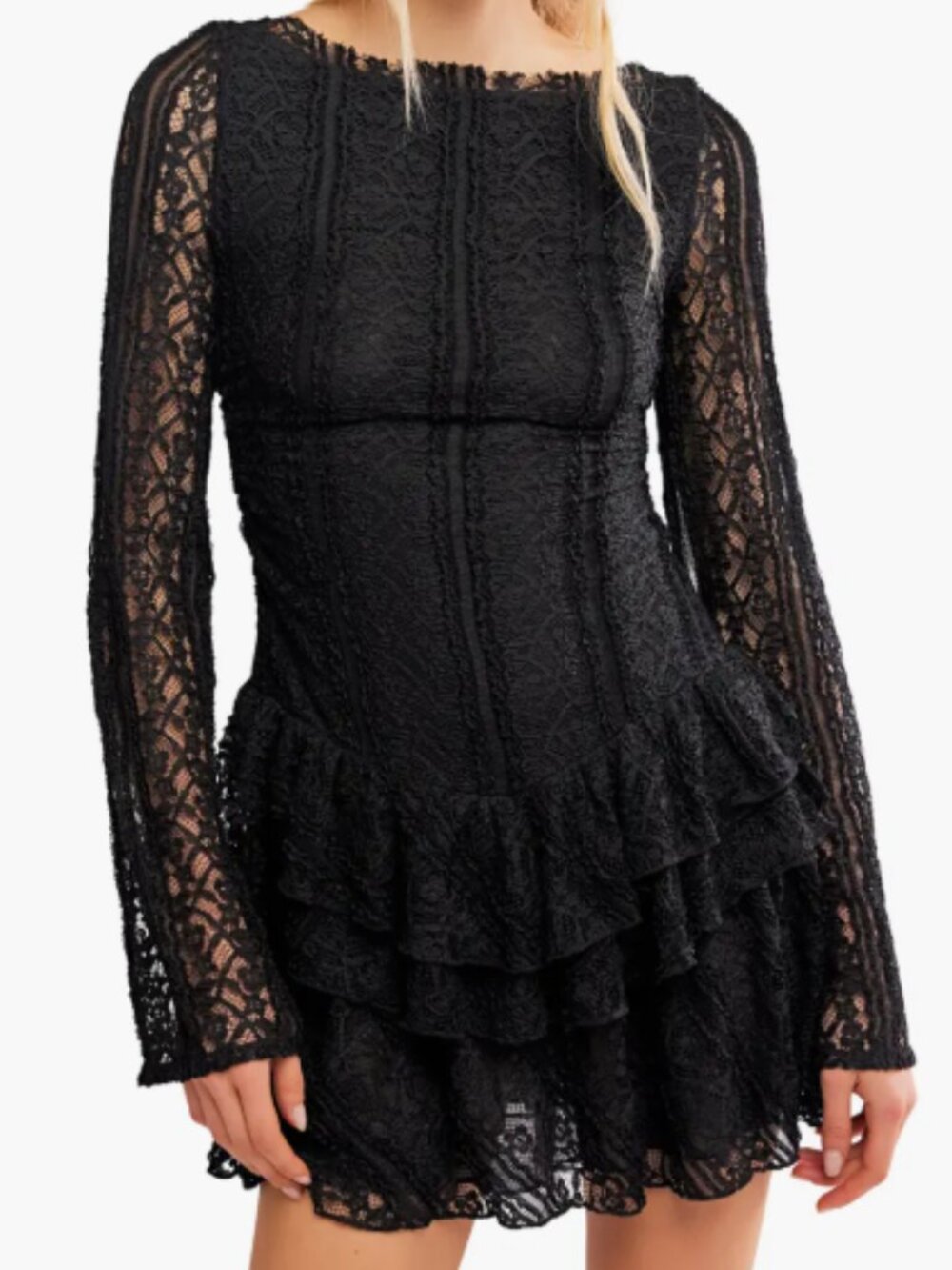 Free People Tabby Lace Mini Dress Black Large NWT Romantic Ruffle Long Sleeve